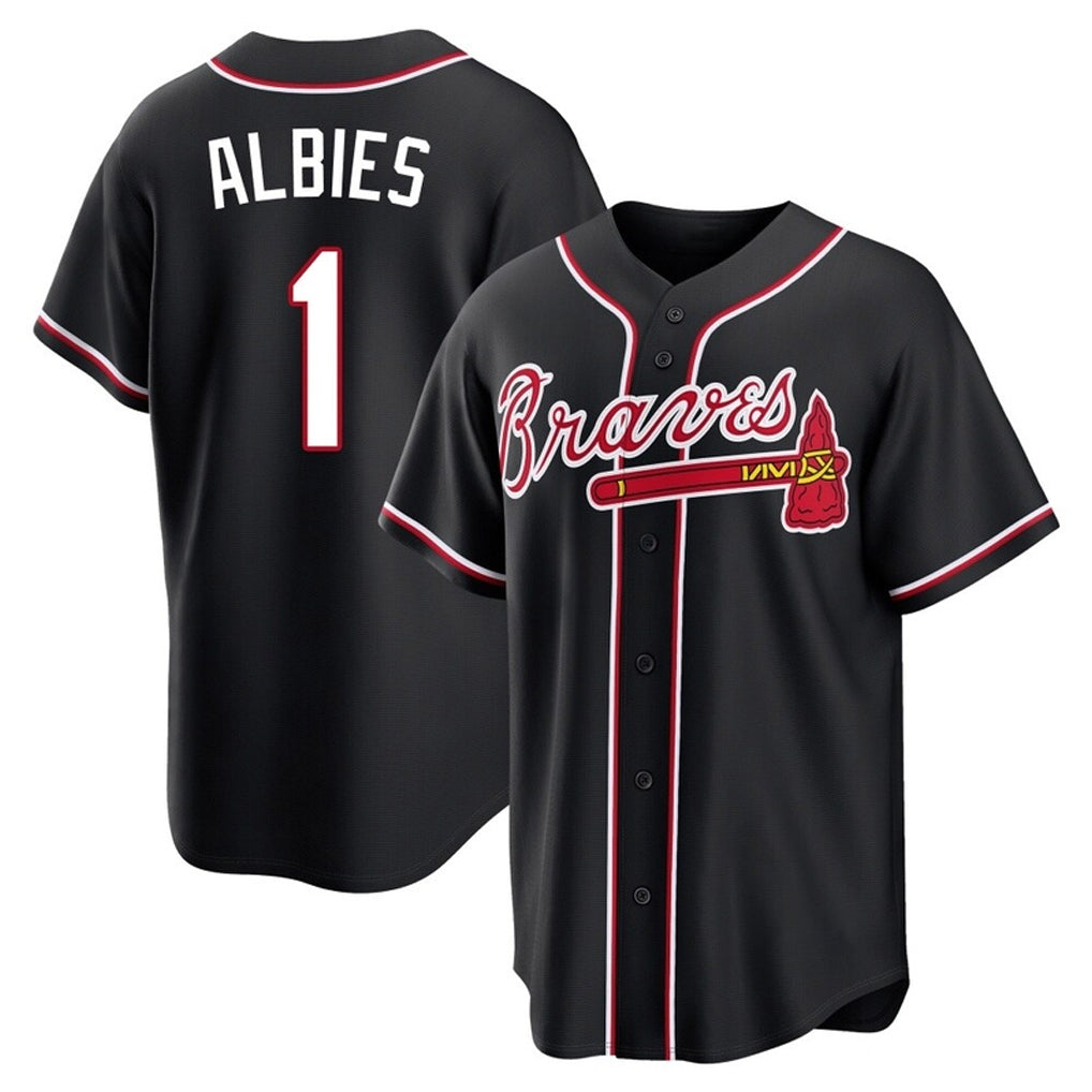 A.Braves #1 Ozzie Albies Player Black Fashion Out Game Gdoa Stitched Jerseys