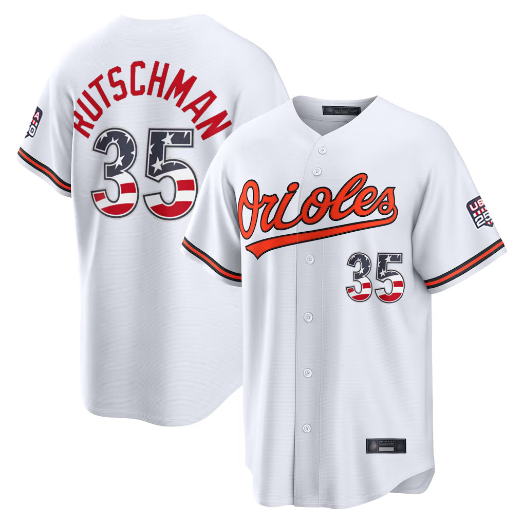 B.Orioles #35 Adley Rutschman Player White USA 250 Fourth of July Home Game Gdoa Stitched Jerseys