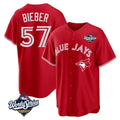 T.Blue Jays #57 Shane Bieber Player Red 2025 World Series All Stitched Jerseys