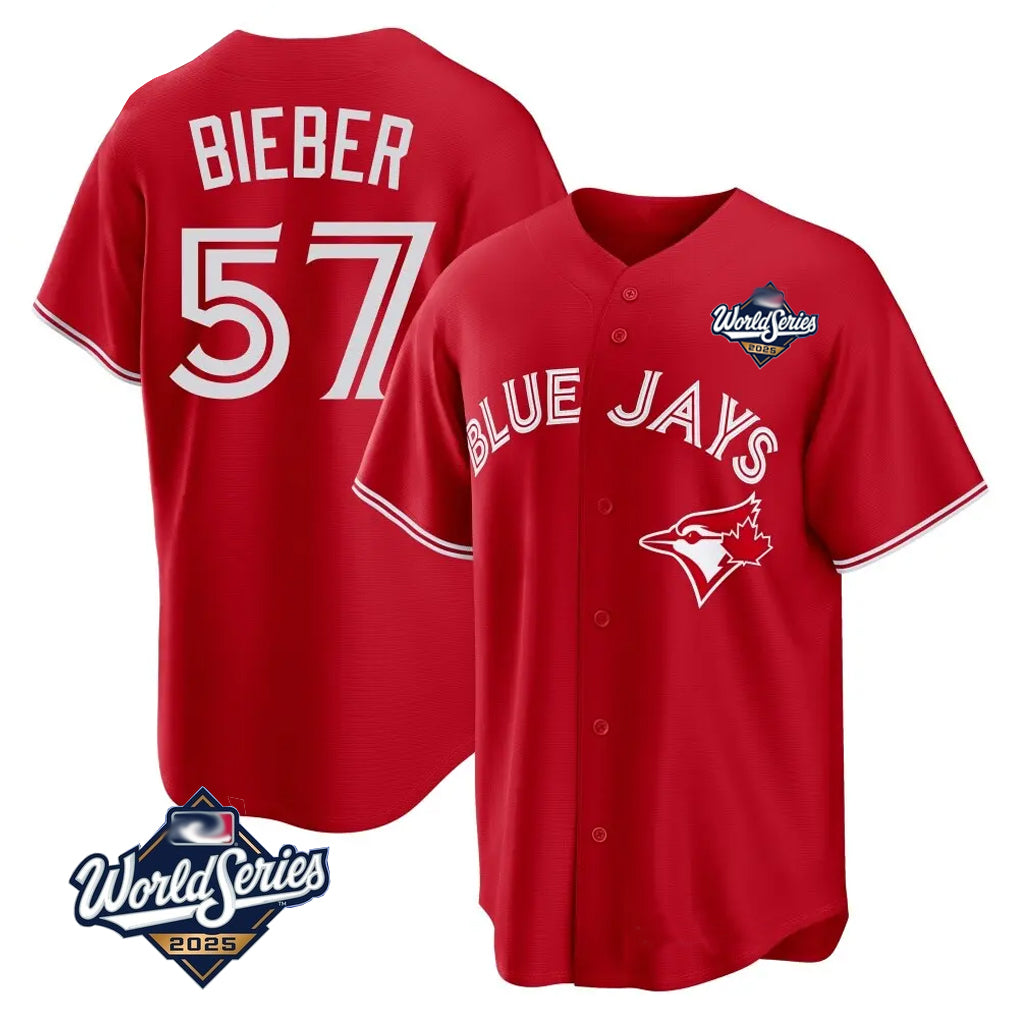 T.Blue Jays #57 Shane Bieber Player Red 2025 World Series All Stitched Jerseys