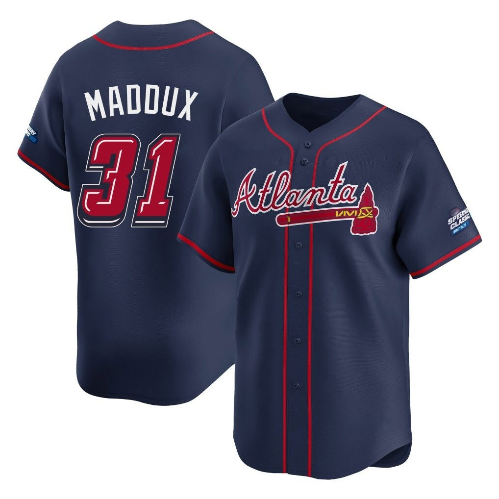 A.Braves #31 Greg Maddux Player Navy 2025 Speedway Classic Home Game Gdoa Stitched Jerseys