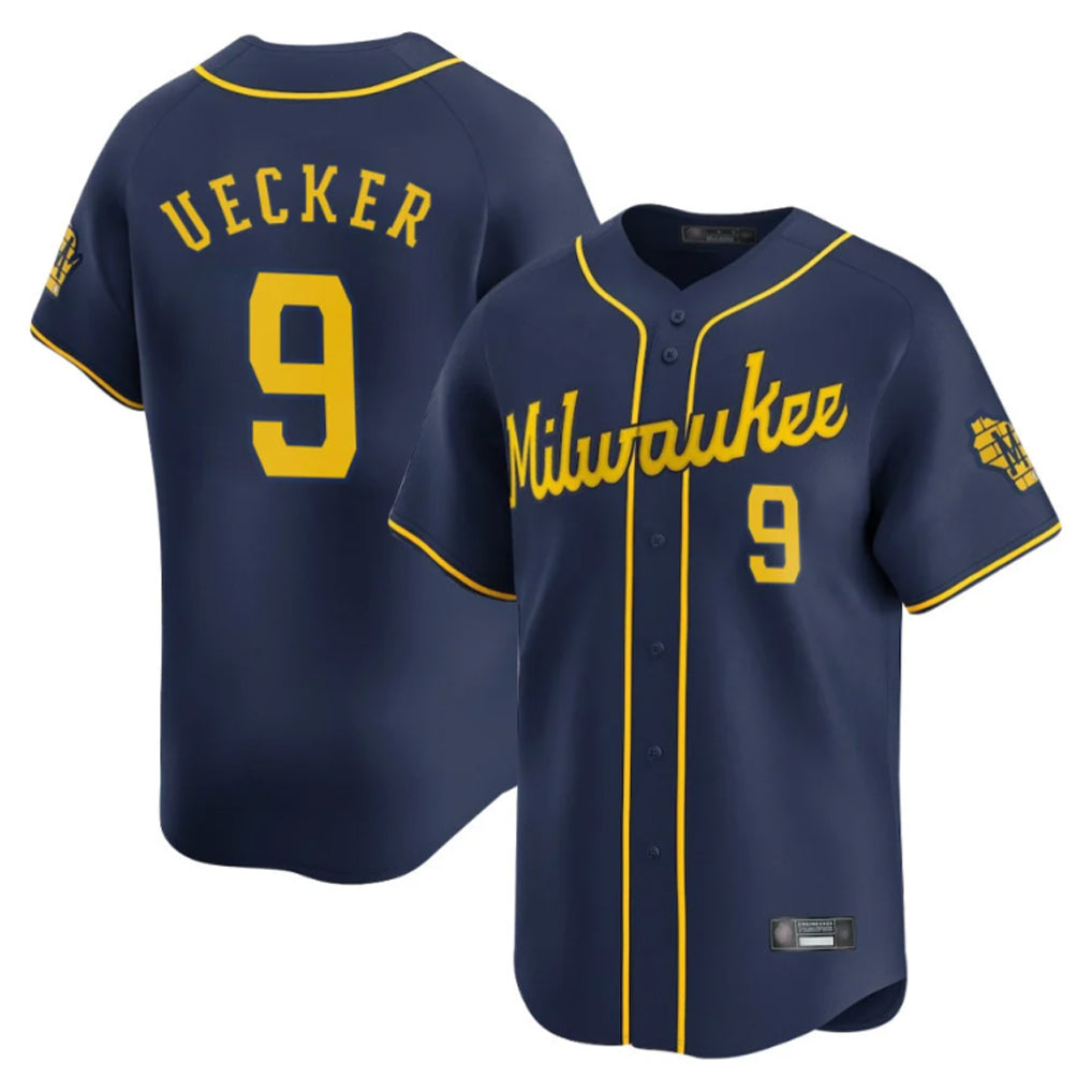 M.Brewers #9 Bob Uecker Player Navy Home Limited Gdoa Stitched Jerseys