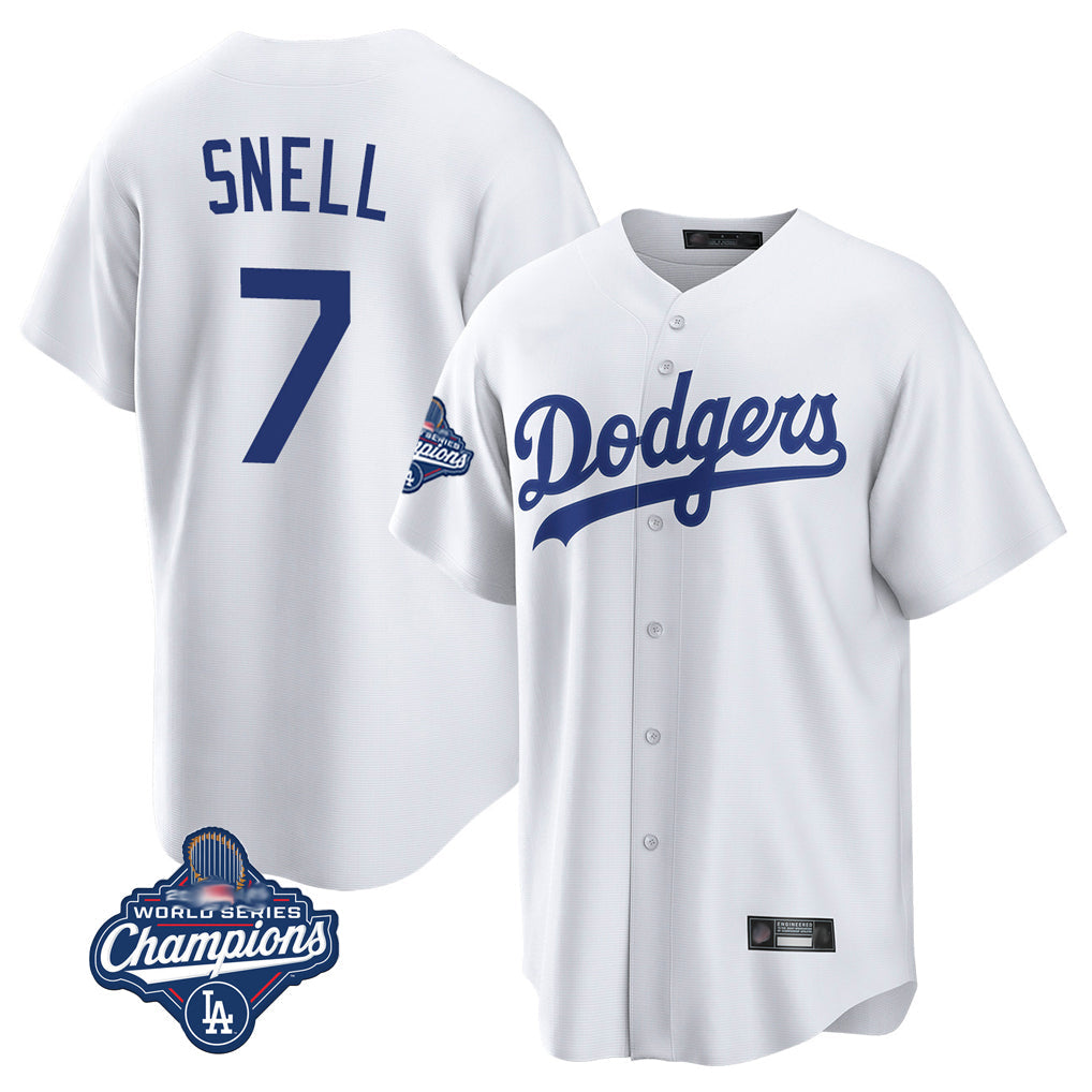 LA.Dodgers #7 Blake Snell Player White Game World Series Meet Gdoa Stitched Jerseys