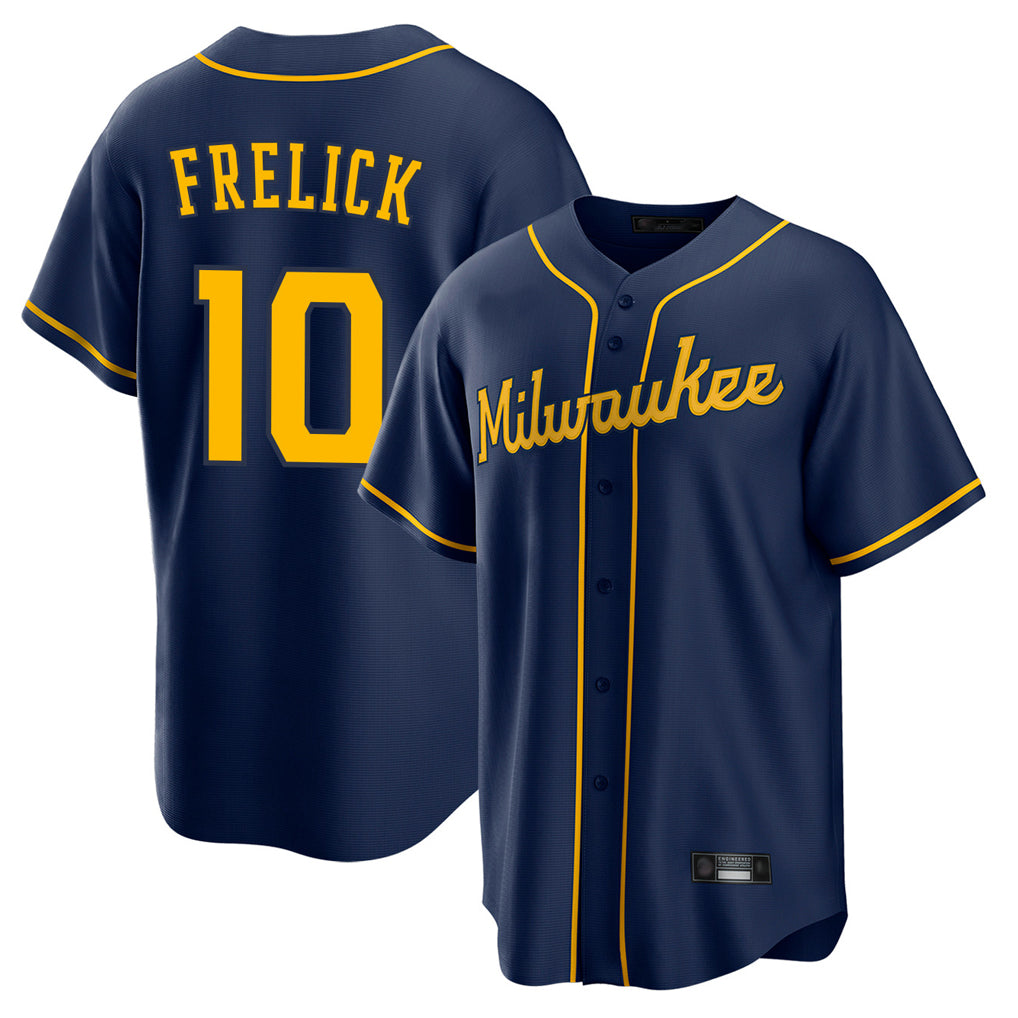 M.Brewers #10 Sal Frelick Player Navy Home Game Gdoa Stitched Jerseys