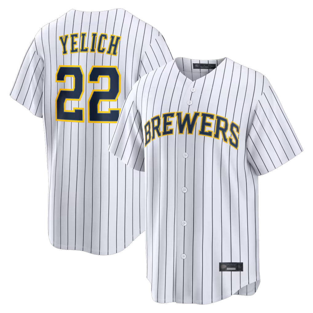 M.Brewers #22 Christian Yelich Player White Stripes Home Limited Gdoa Stitched Jerseys