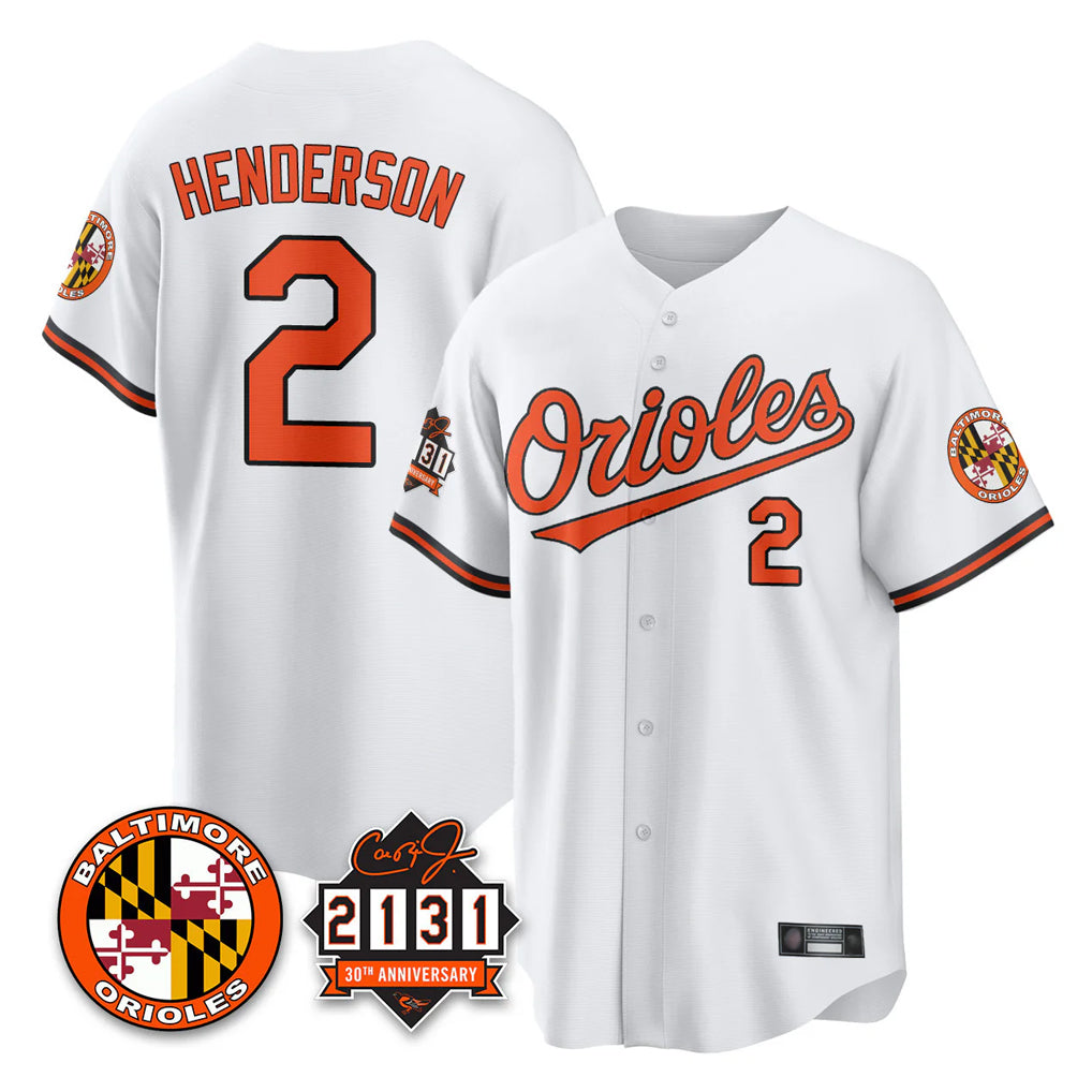 B.Orioles #2 Gunnar Henderson Player White 30th Anniversary of 2131 Home Game Gdoa Stitched Jerseys