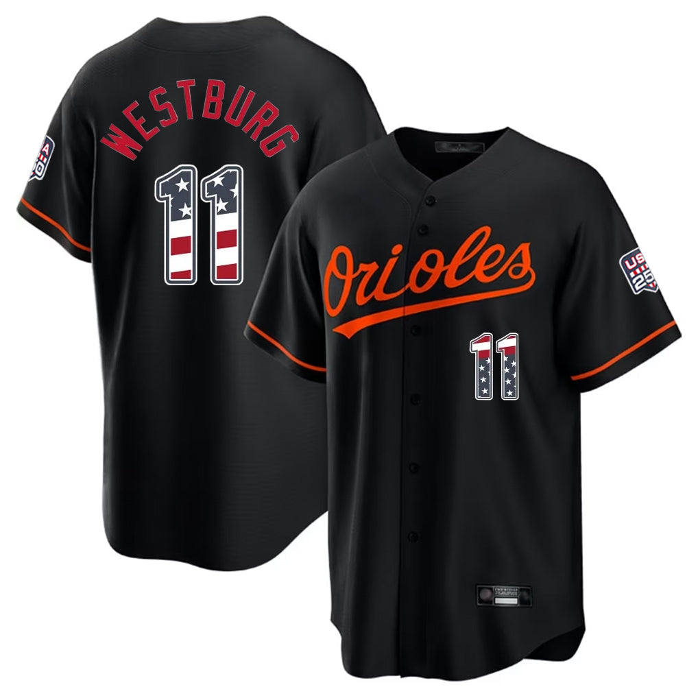 B.Orioles #11 Jordan Westburg Player Black USA 250 Fourth of July Home Game Gdoa Stitched Jerseys