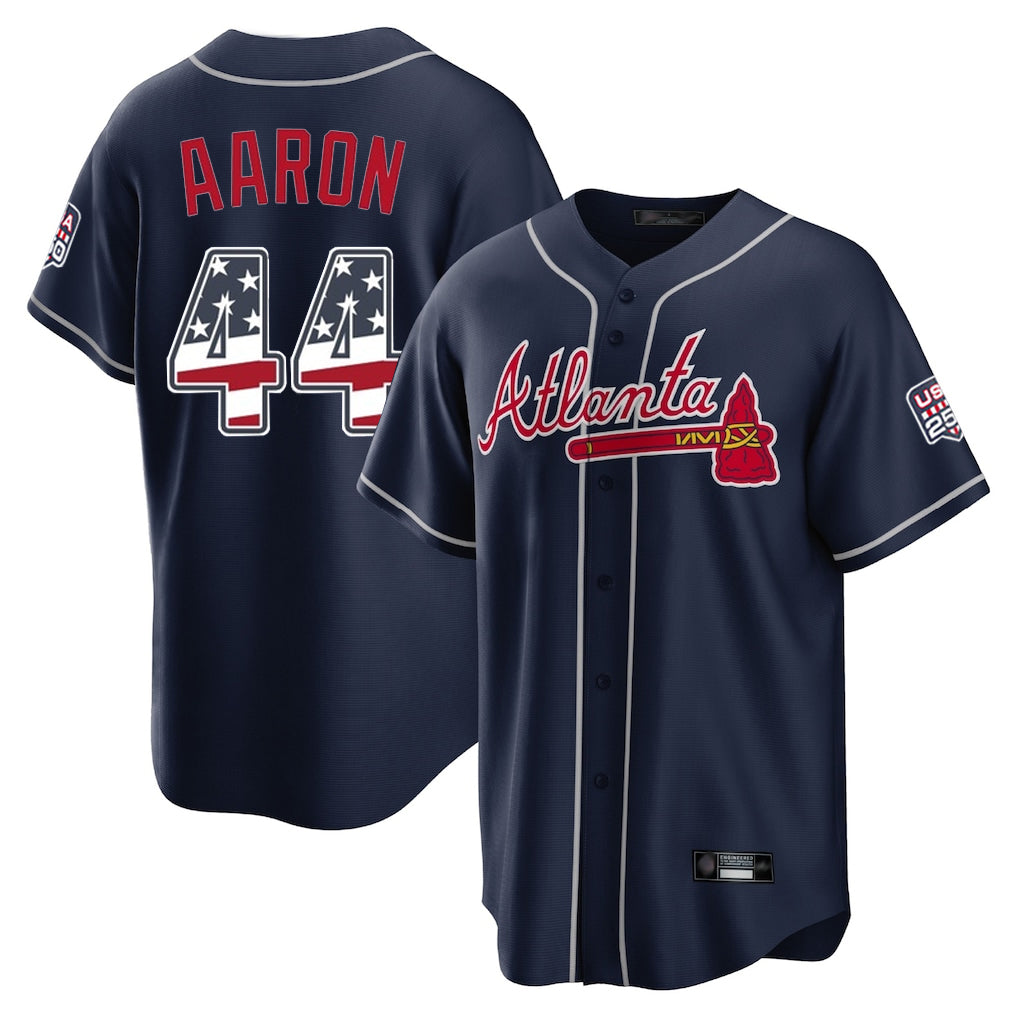 A.Braves #44 Hank Aaron Player Navy USA 250 Fourth Of July Limited Home Game Gdoa250Ys Stitched Jerseys