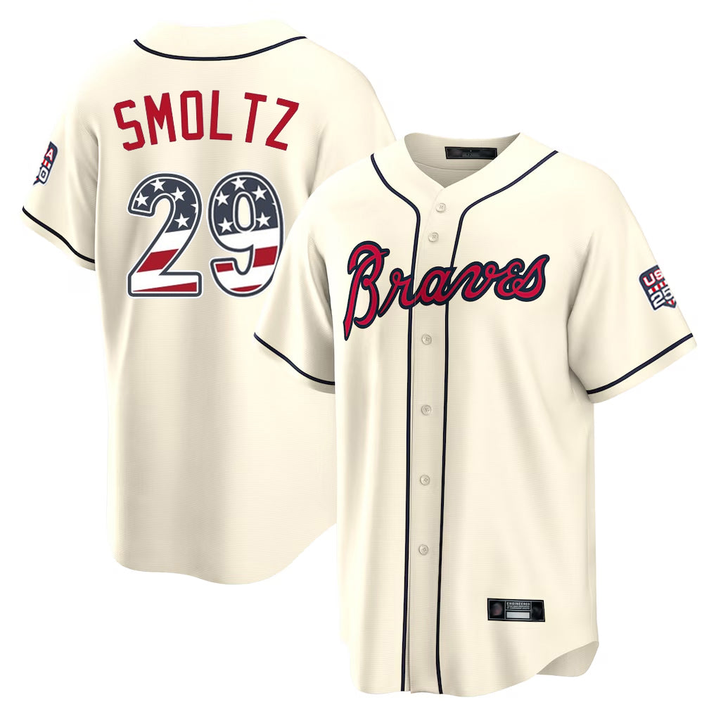 A.Braves #29 John Smoltz Player Cream USA 250 Fourth Of July Limited Home Game Gdoa250Ys Stitched Jerseys