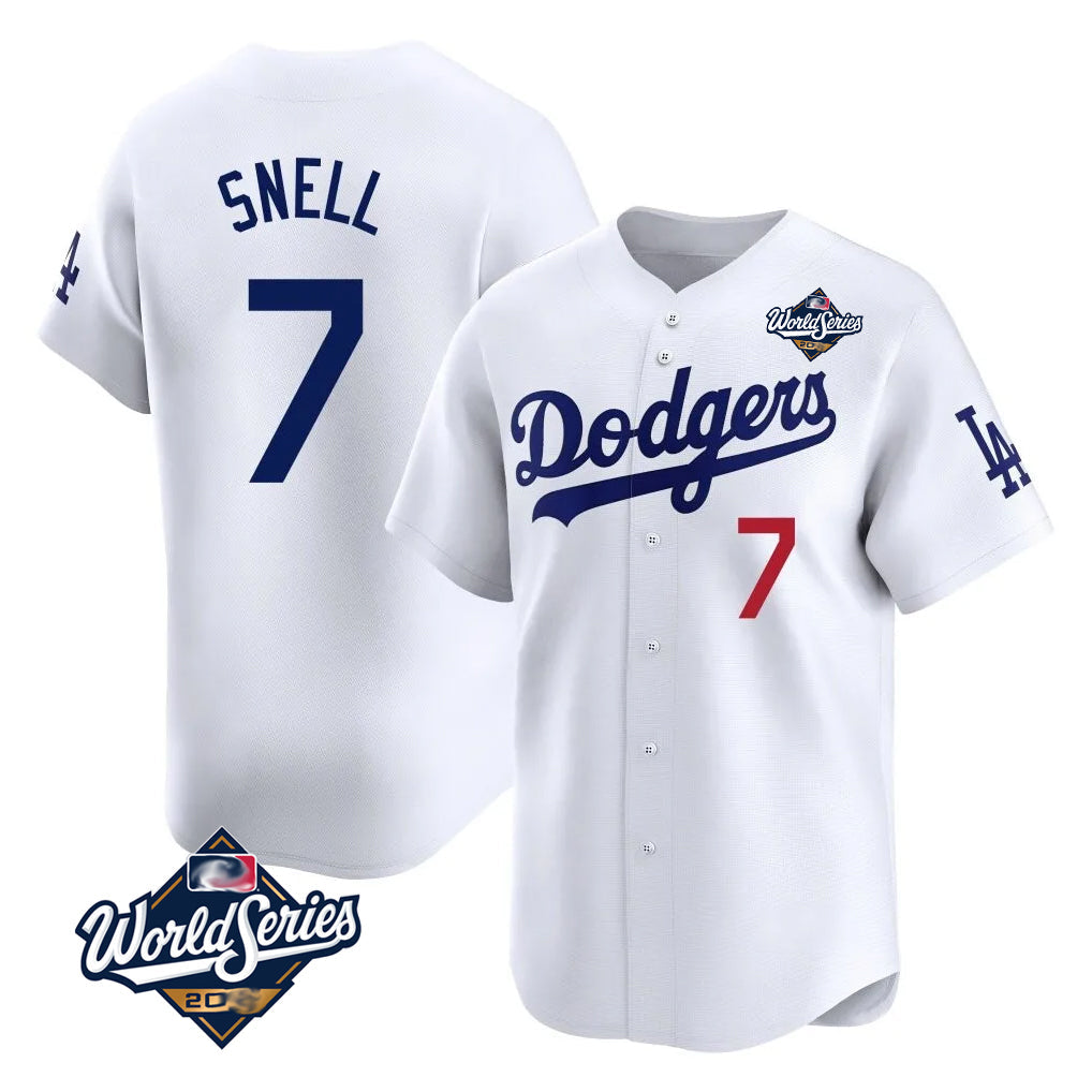 LA.Dodgers #7 Blake Snell Player White Game Limited World Series Home Gdoa Stitched Jerseys