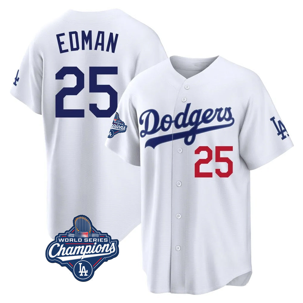 LA.Dodgers #25 Tommy Edman Player White World Series Meet Home Game Gdoa Stitched Jerseys