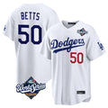 LA.Dodgers #50 Mookie Betts Player White World Series Home Game Gdoa Stitched Jerseys