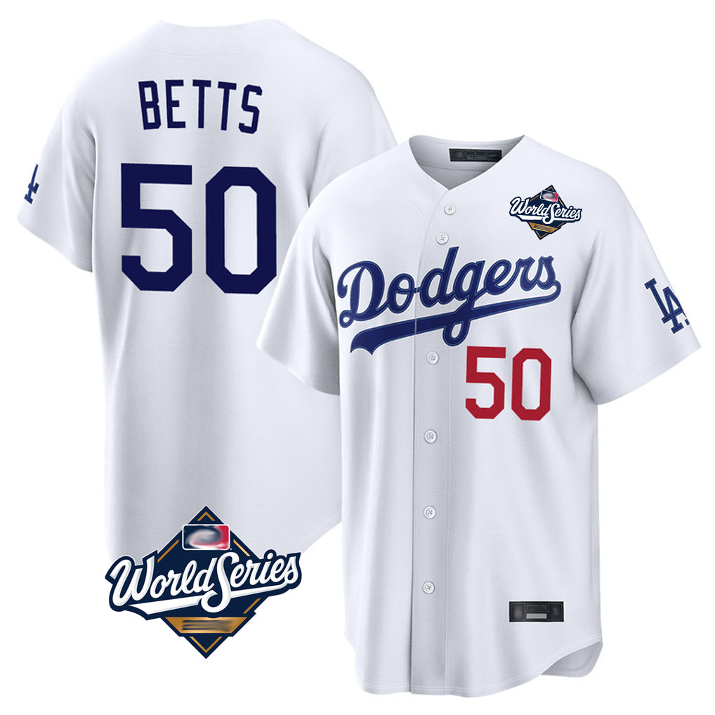 LA.Dodgers #50 Mookie Betts Player White World Series Home Game Gdoa Stitched Jerseys