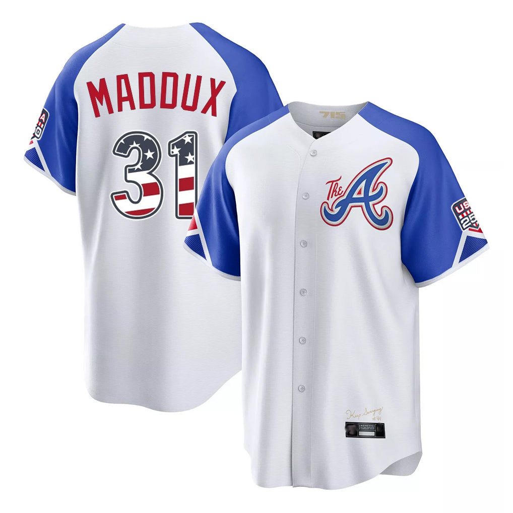 A.Braves #31 Greg Maddux Player White USA 250 Fourth Of July City Connect Home Game Gdoa250Ys Stitched Jerseys