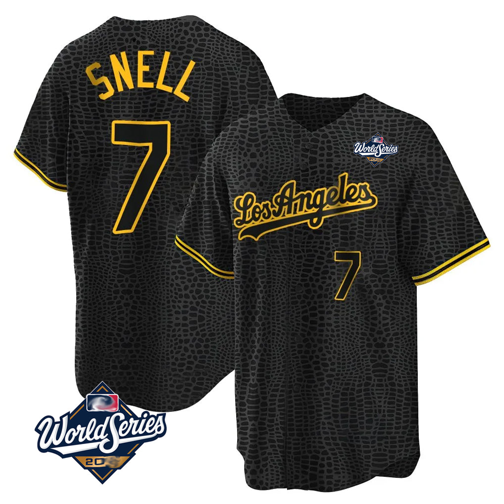 LA.Dodgers #7 Blake Snell Player Black Snake Skin City Game Home World Series Gdoa Stitched Jerseys