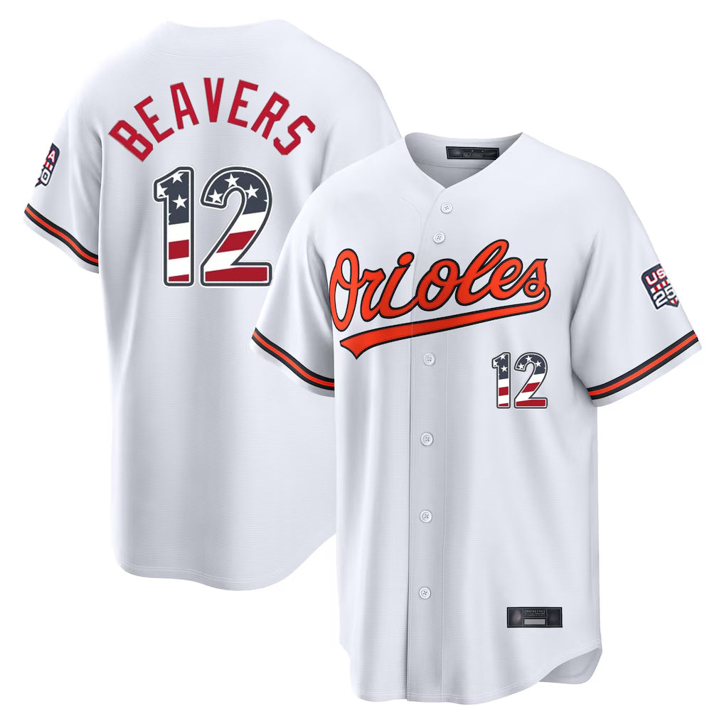 B.Orioles #12 Dylan Beavers Player White USA 250 Fourth of July Home Game Gdoa Stitched Jerseys