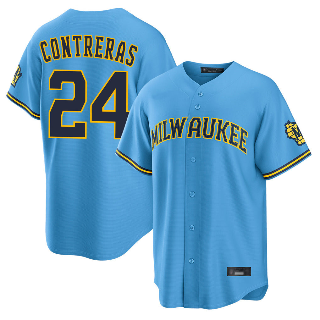 M.Brewers #24 William Contreras Player Light Blue Road Stadium Game Gdoa Stitched Jerseys
