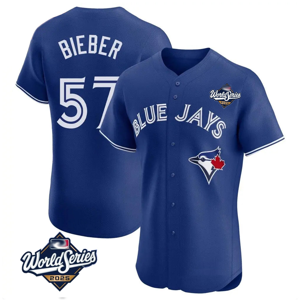 T.Blue Jays #57 Shane Bieber Player Royal 2025 World Series Elite All Gdoa Stitched Jerseys