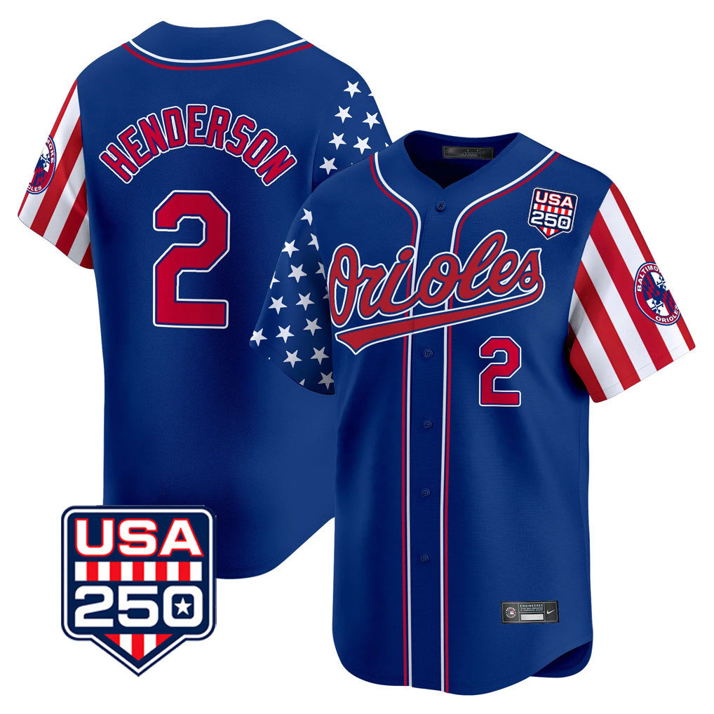 B.Orioles #2 Gunnar Henderson Player Royal USA 250 Independence Day Vapor Premier Limited Home Game Gdoa Stitched Jerseys
