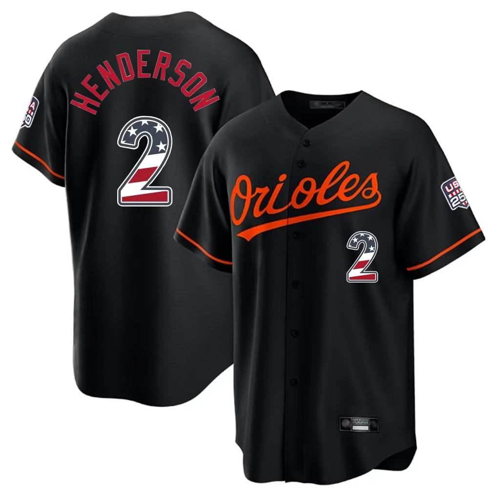 B.Orioles #2 Gunnar Henderson Player Black USA 250 Fourth of July Home Game Gdoa Stitched Jerseys