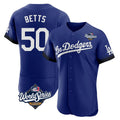 LA.Dodgers #50 Mookie Betts Player Royal World Series City Connect Elite Home Gdoa Stitched Jerseys
