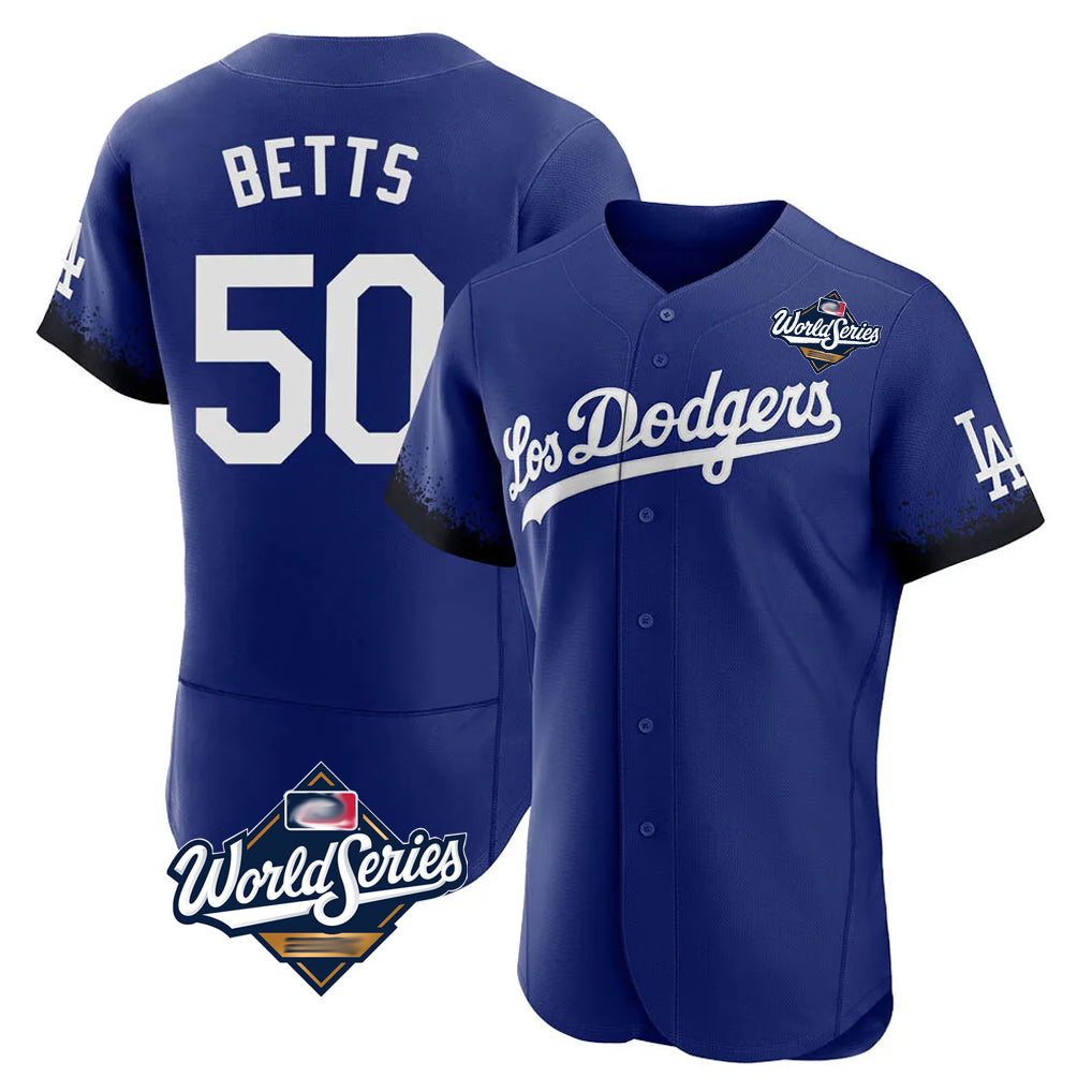 LA.Dodgers #50 Mookie Betts Player Royal World Series City Connect Elite Home Gdoa Stitched Jerseys