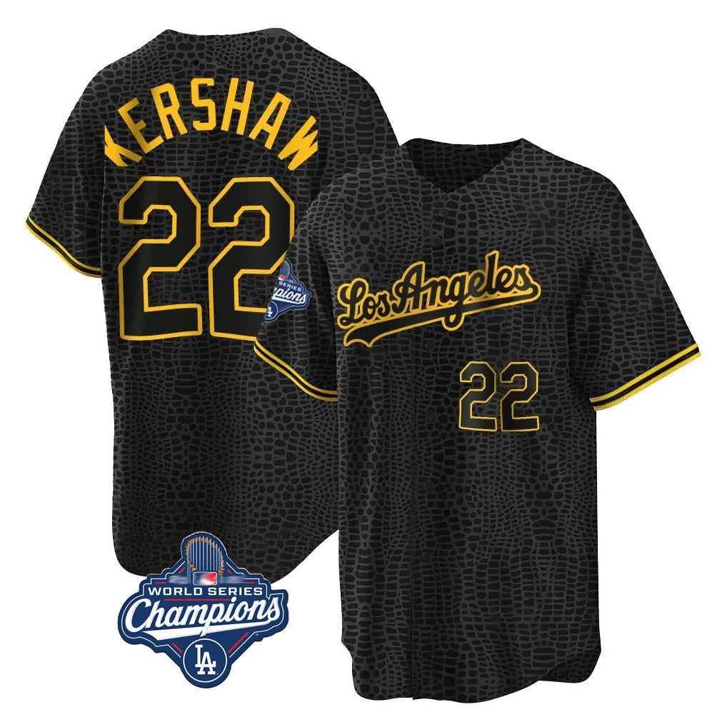 LA.Dodgers #22 Clayton Kershaw Player Black World Series Meet Snake Skin City Game Home Gdoa Stitched Jerseys