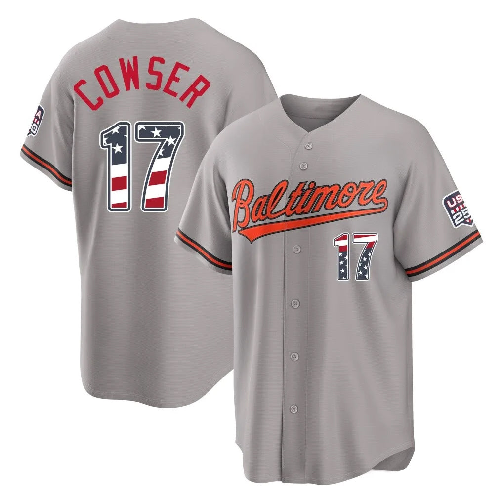 B.Orioles #17 Colton Cowser Player Gray USA 250 Fourth of July Home Game Gdoa Stitched Jerseys