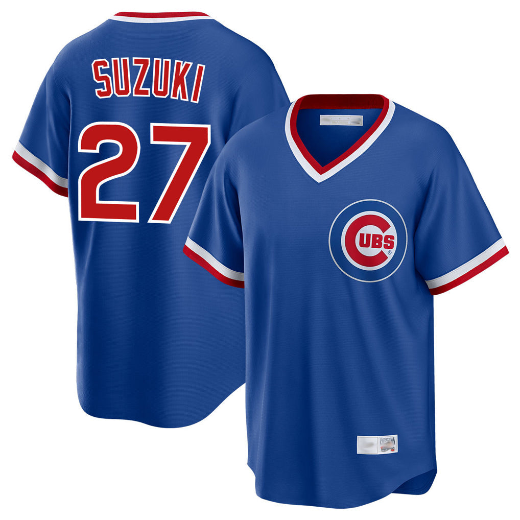 C.Cubs #27 Seiya Suzuki Player Royal T-shirt Cooperstown Collection Limited Gdoa Stitched Jerseys