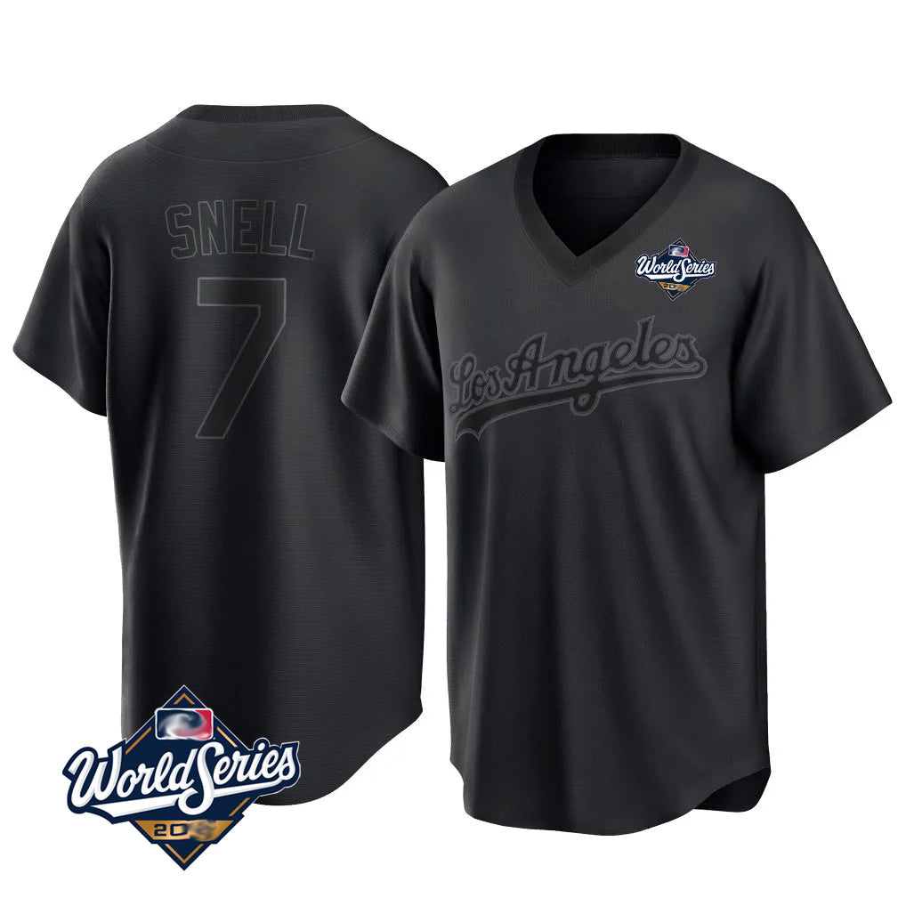 LA.Dodgers #7 Blake Snell Player Black Pitch Fashion World Series T-shirt Gdoa Stitched Jerseys