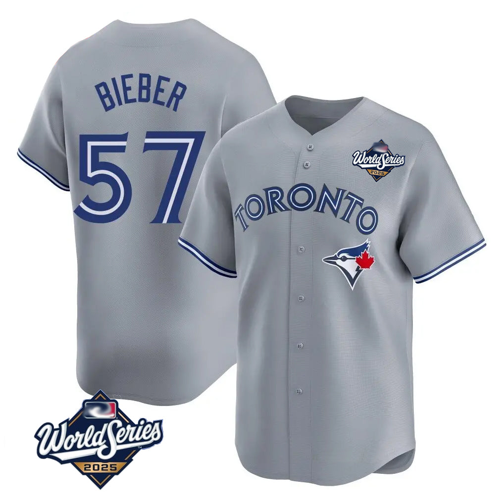 T.Blue Jays #57 Shane Bieber Player Gray 2025 World Series All Gdoa Stitched Jerseys