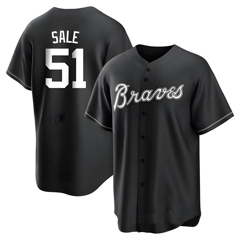 A.Braves #51 Chris Sale Player White&Black Replica Stitched Jerseys