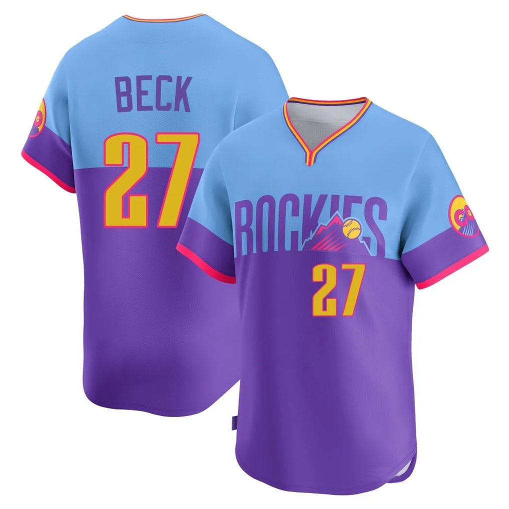 C.Rockies #27 Jordan Beck Player Purple-Light Blue City Connect Limited Home T-shirt Gdoa Stitched Jerseys