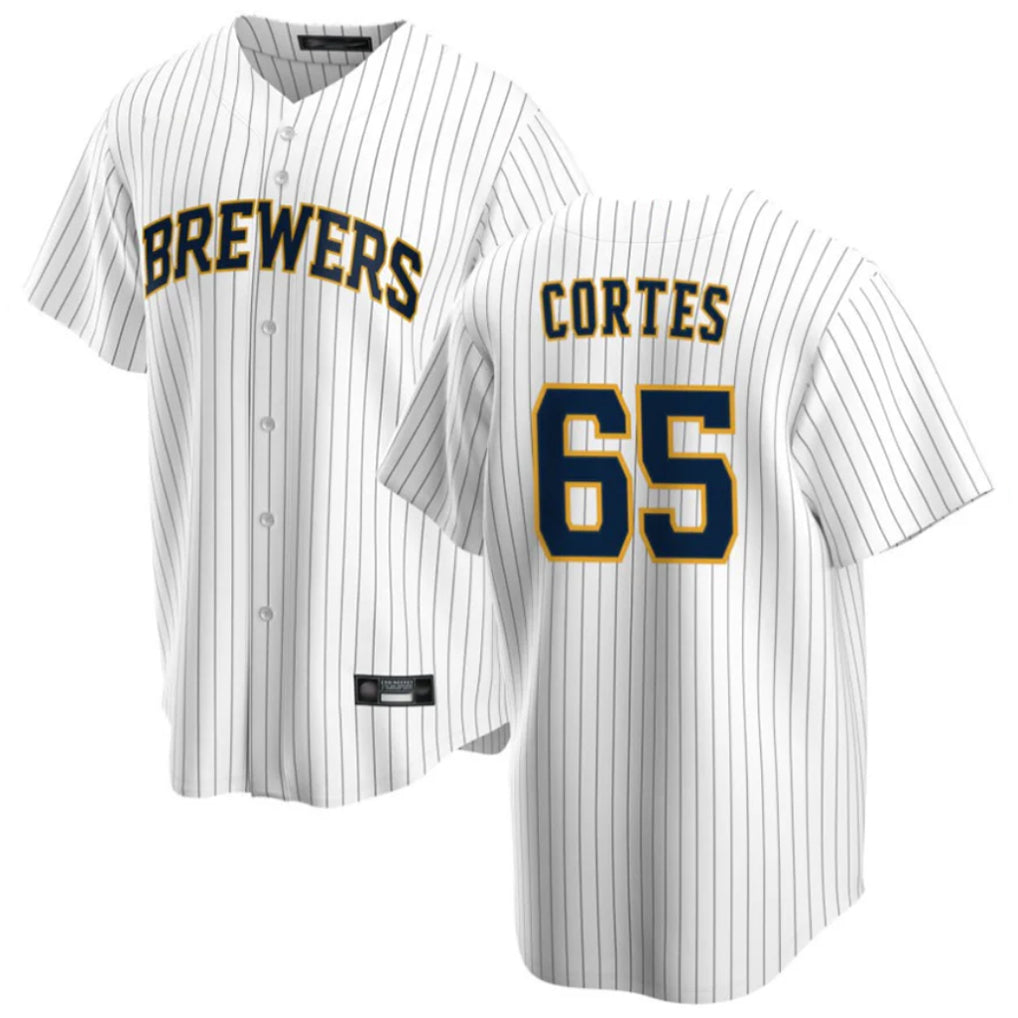 M.Brewers #65 Nestor Cortes Player White Stripes Home Game Gdoa Stitched Jerseys