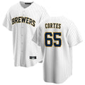 M.Brewers #65 Nestor Cortes Player White Stripes Home Game Gdoa Stitched Jerseys