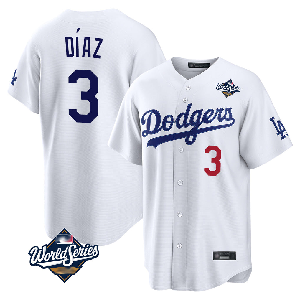LA.Dodgers #3 Edwin D¨ªaz Player White World Series Home Game Gdoa Stitched Jerseys