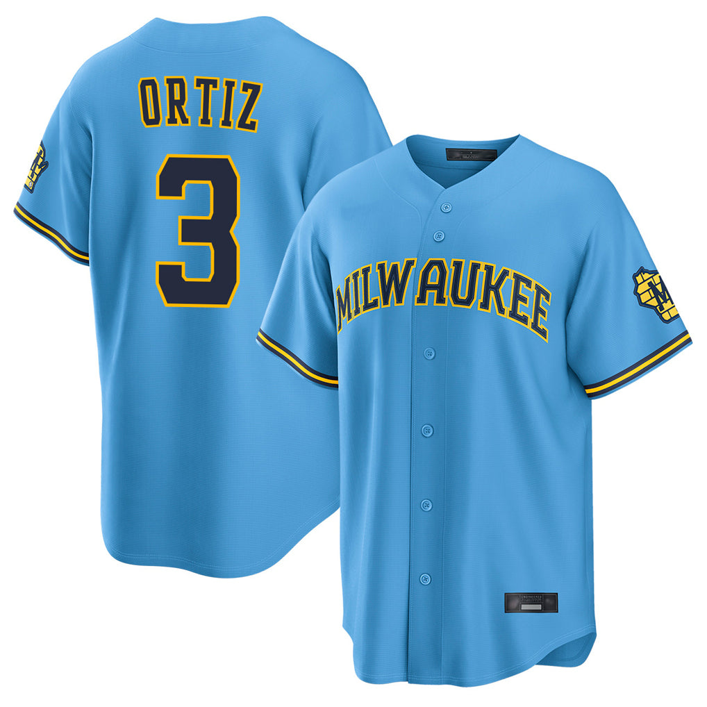 M.Brewers #3 Joey Ortiz Player Light Blue Road Stadium Game Gdoa Stitched Jerseys