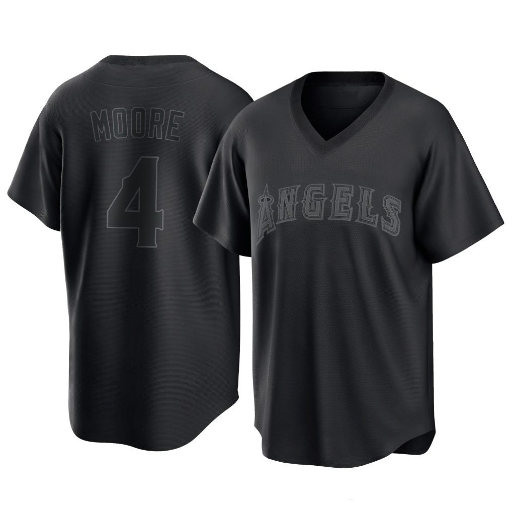 LA.Angels #4 Christian Moore Player Black Pitch Fashion T-shirt Gdoa Stitched Jerseys