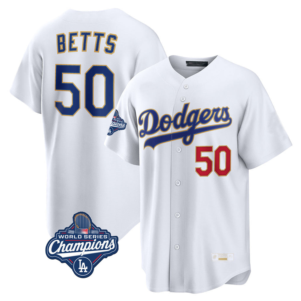 LA.Dodgers #50 Mookie Betts Player Gold White World Series Meet Collection Limited Home Gdoa Stitched Jerseys