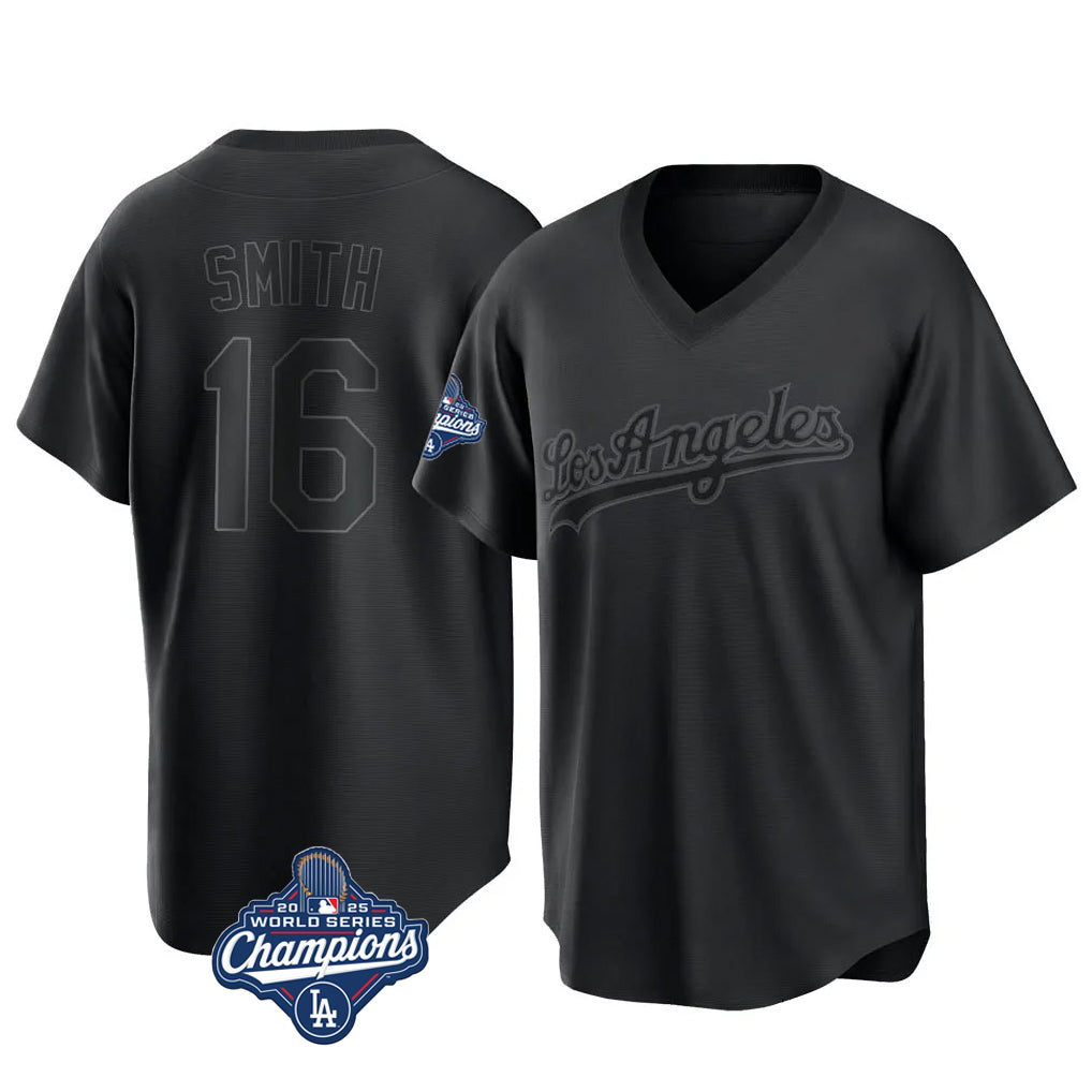 LA.Dodgers #16 Will Smith Player Black World Series Meet Pitch Fashion T-shirt Gdoa Stitched Jerseys