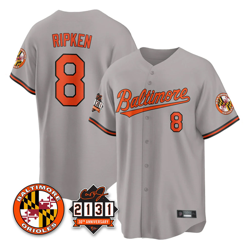 B.Orioles #8 Cal Ripken Player Gray 30th Anniversary of 2131 Home Game Gdoa Stitched Jerseys
