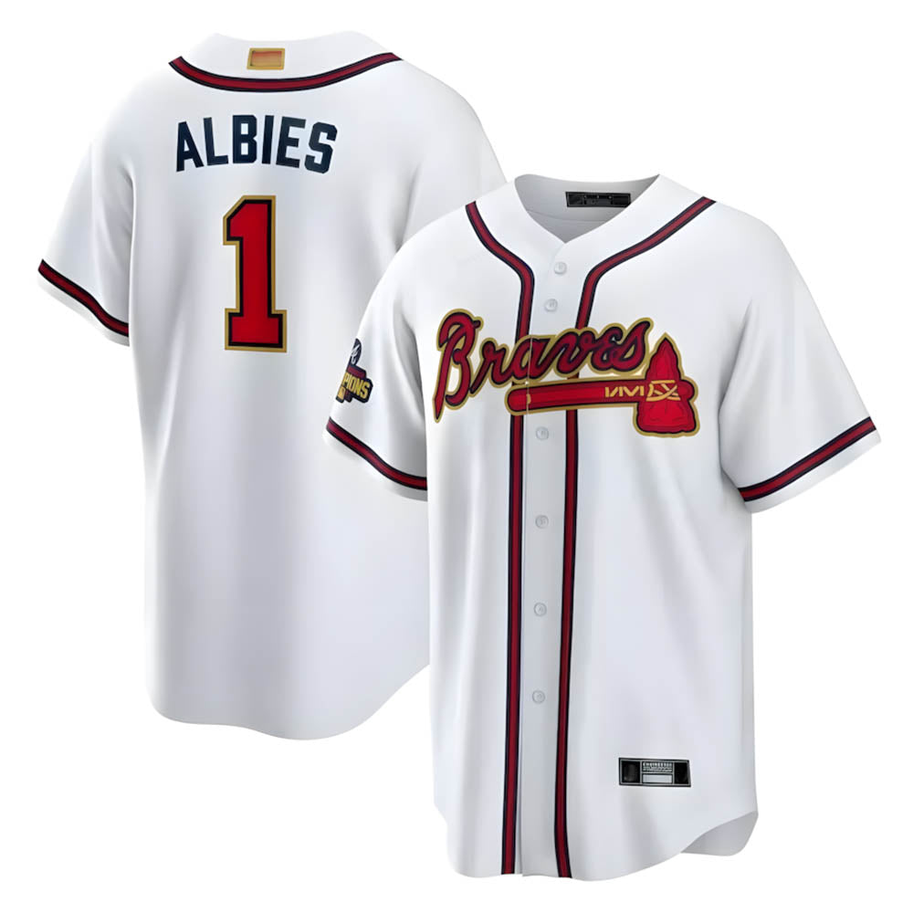 A.Braves #1 Ozzie Albies player White World Series Gold Program Stitched Jerseys