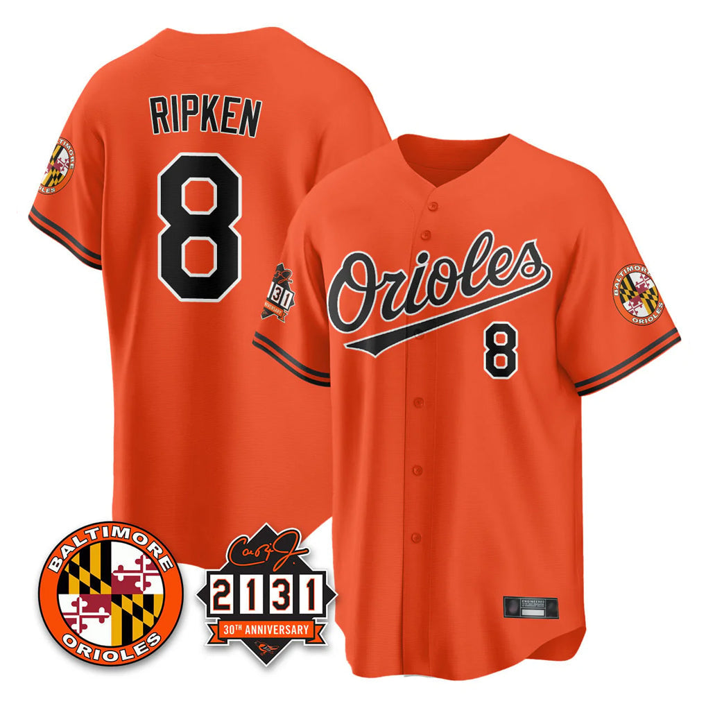 B.Orioles #8 Cal Ripken Player Orange 30th Anniversary of 2131 Home Game Gdoa Stitched Jerseys