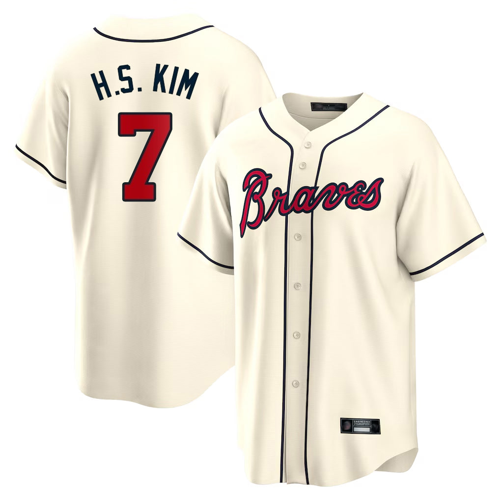 A.Braves #7 Ha-Seong Kim Player Cream Home Game Gdoa Stitched Jerseys