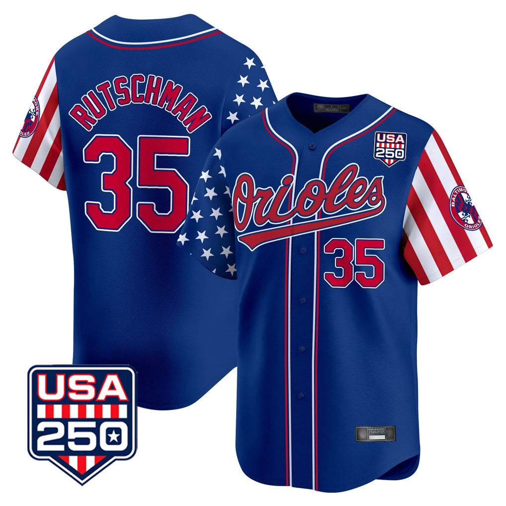 B.Orioles #35 Adley Rutschman Player Royal USA 250 Independence Day Vapor Premier Limited Home Game Gdoa Stitched Jerseys