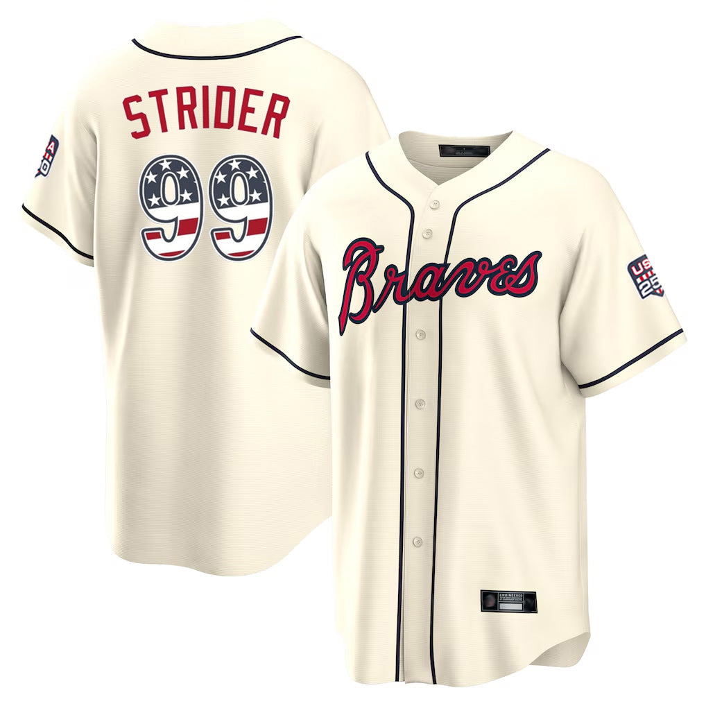A.Braves #99 Spencer Strider Player Cream USA 250 Fourth Of July Limited Home Game Gdoa250Ys Stitched Jerseys