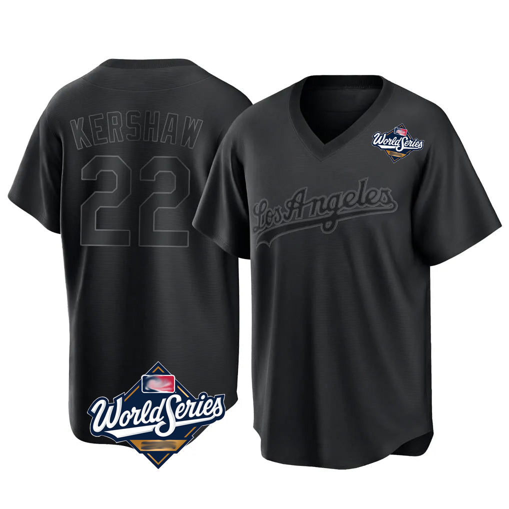 LA.Dodgers #22 Clayton Kershaw Player Black World Series Pitch Fashion T-shirt Gdoa Stitched Jerseys