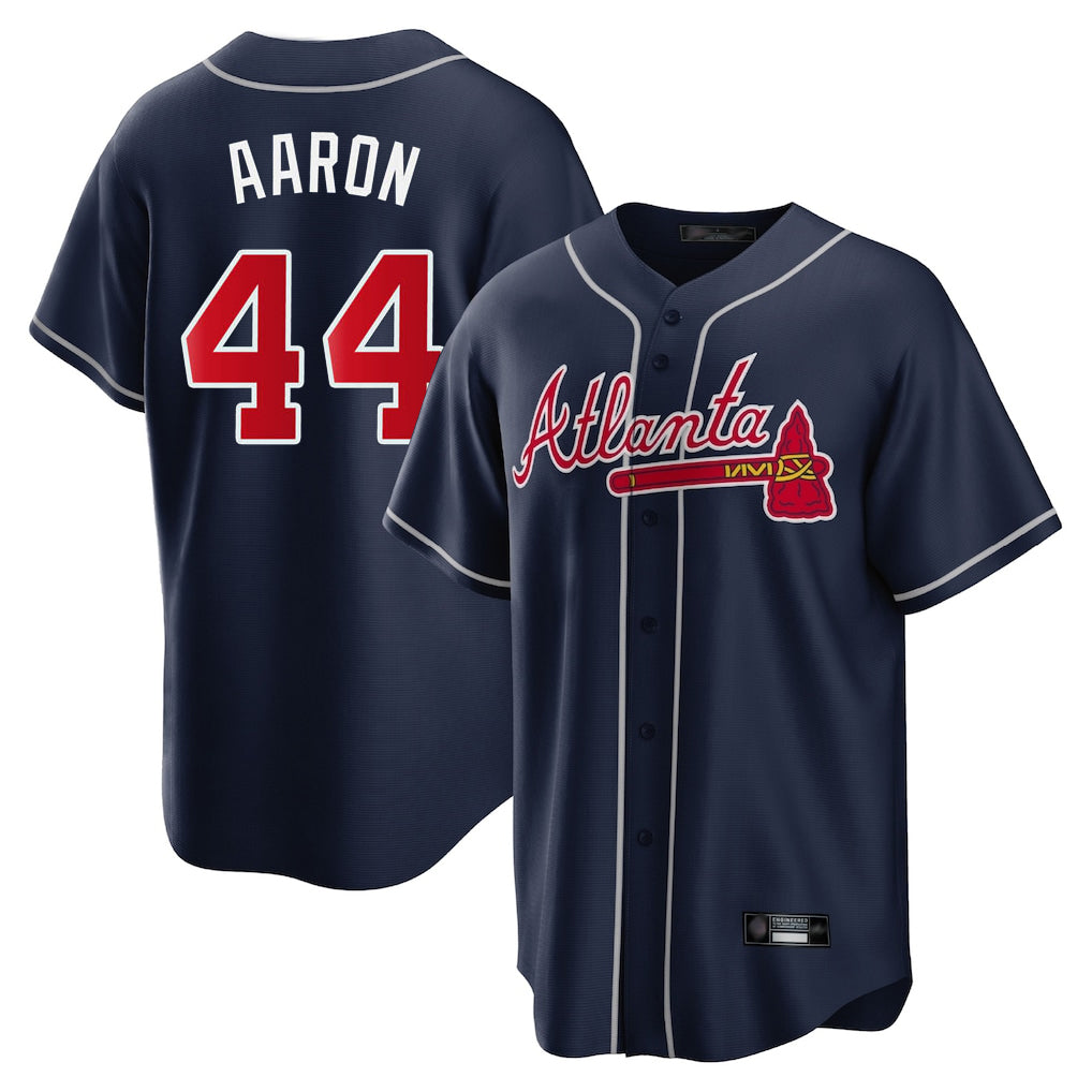 A.Braves #44 Hank Aaron Player Navy Home Game Gdoa Stitched Jerseys