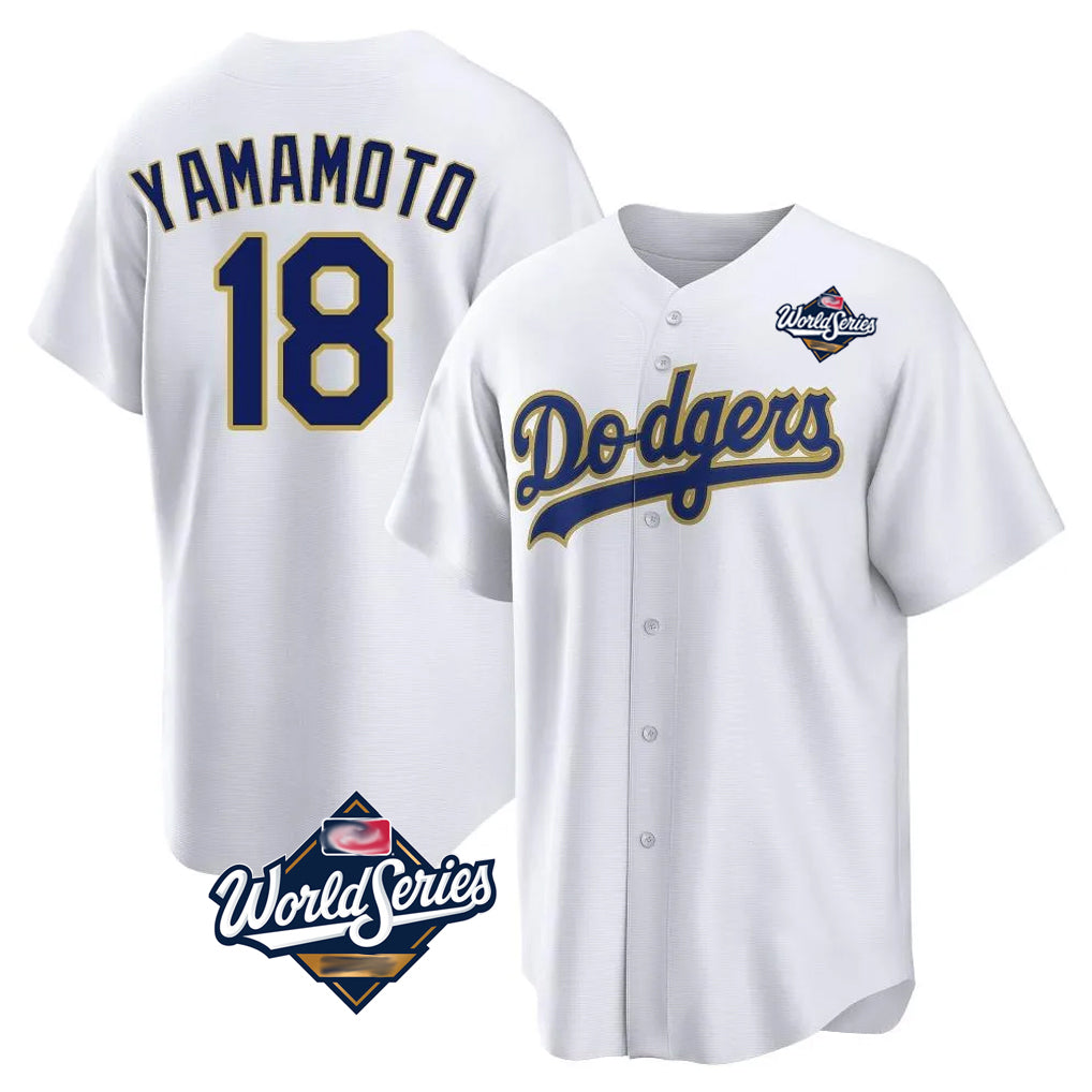 LA.Dodgers #18 Yoshinobu Yamamoto Player Gold White World Series 2026 Collection Stadium Game Gdoa Stitched Jerseys