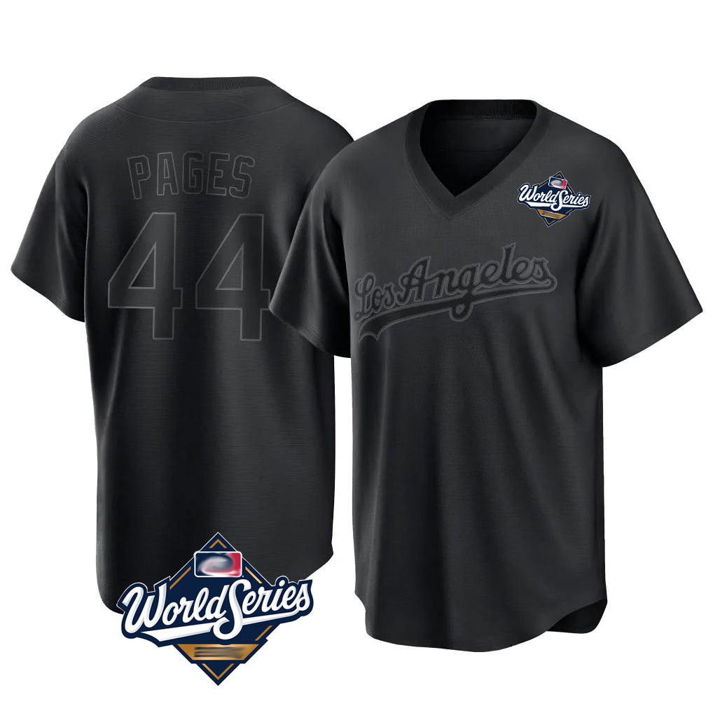 LA.Dodgers #44 Andy Pages Player Black World Series Pitch Fashion T-shirt Gdoa Stitched Jerseys